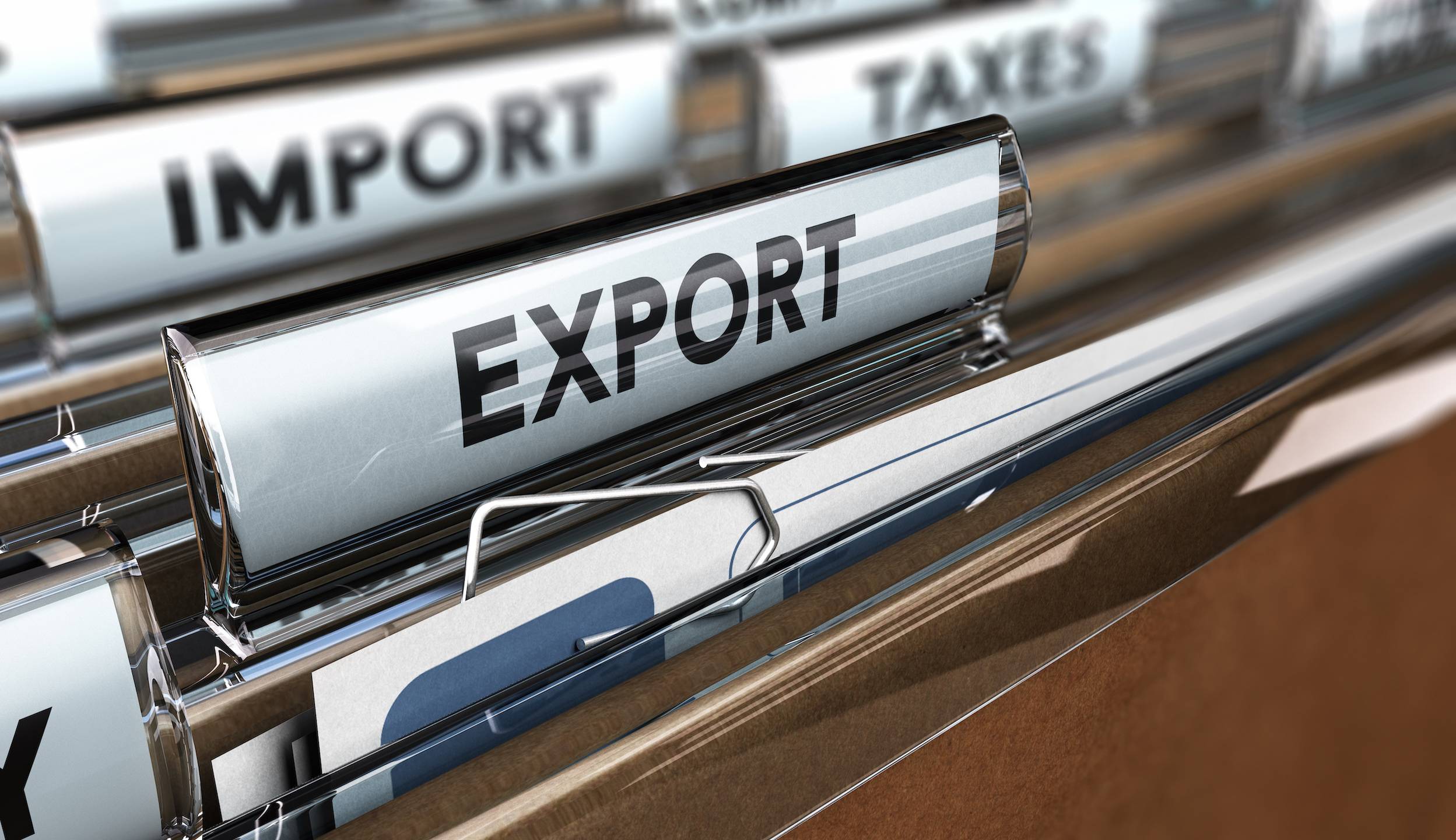 Close up on a file tab with the word export, focus on the main word and blur effect. Concept image for illustration of global business and import export company